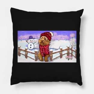 Cavoodle in festive red winter hat and scarf- cute cavalier king charles spaniel snug in a snowflake themed scarf Pillow