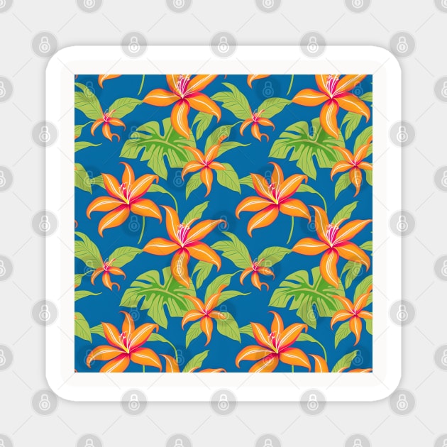 Tropical Bliss: Hawaiian Orange Leaves on Celestial Blue Magnet by Sevendise