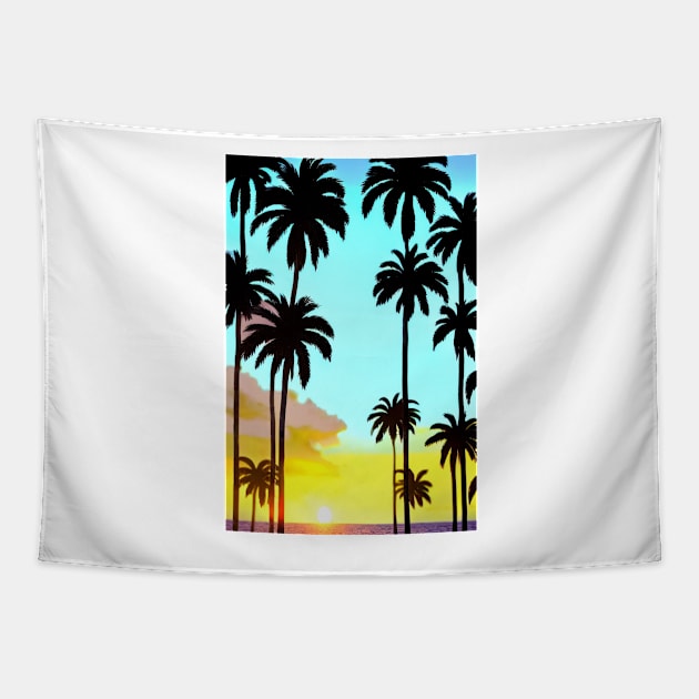 Summer Sunset Palm Trees Beach Ocean Artistic Paradise Tapestry by Trendy-Now