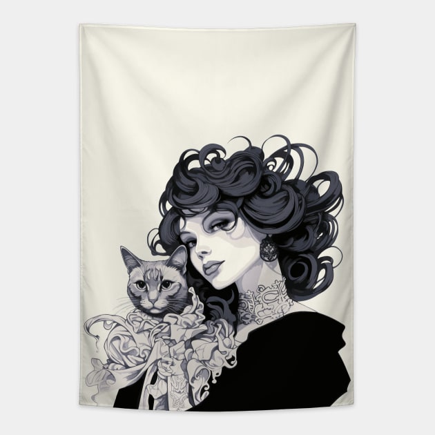 Woman and tabby cat (black and white) Tapestry by etherElric