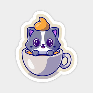 Cute Cat In Coffee Cup Cartoon Vector Icon Illustration Magnet