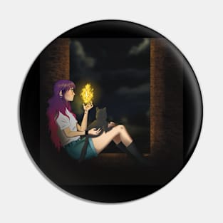 Fire witch with her black cat at night Pin