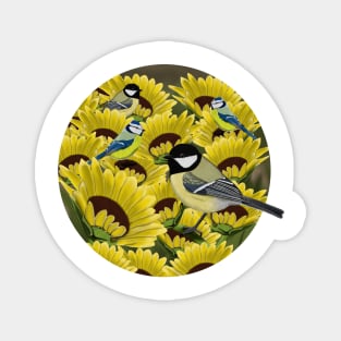 Titmice and Sunflowers Illustration Magnet