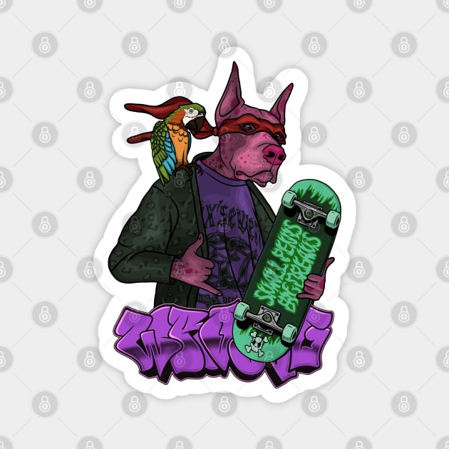 Crazy Dog with Parrot and Skateboard Magnet by Wrongteeshirt