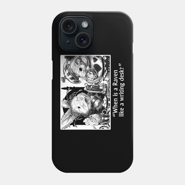 Wonderland - Tea Party - When is a Raven Like a Writing Desk - White Outlined Version Phone Case by Nat Ewert Art