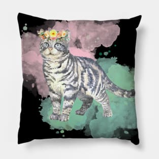 Pretty floral watercolor cat design Pillow