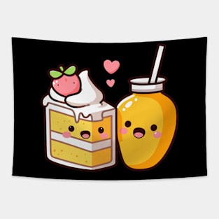 Cute Mango Milkshake and a Mango Cake with Hearts | Kawaii Style Couple Gift Tapestry