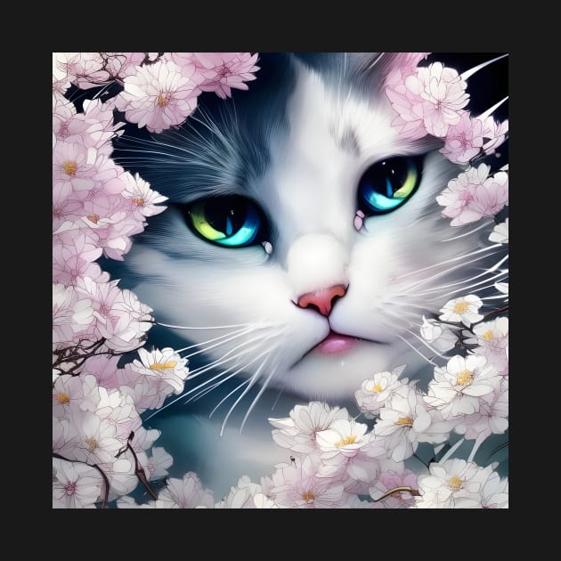 White Kitten surrounded by Pink Flowers | White, grey and blue cat with blue and yellow eyes | Digital art Sticker by withdiamonds