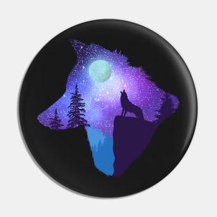 Howling at the moon, wolf head silhouette - blue Pin