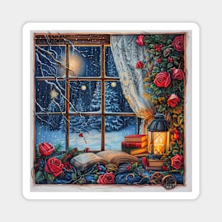 Fantasy winter starry night window Magnet