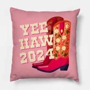 A pair of cowboy boots decorated with flowers and a hand lettering message Yeehaw 2024 on pink background. Happy New Year colorful hand drawn vector illustration in bright vibrant colors. Pillow