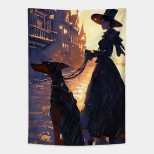 Victorian woman with doberman dog on street Tapestry