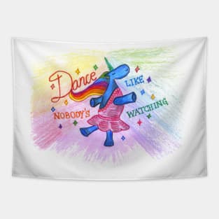 Dancing cute blue rainbow unicorn Tapestry