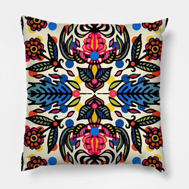 Bright Folk Art Pattern - hot pink, orange, blue & green Pillow by micklyn