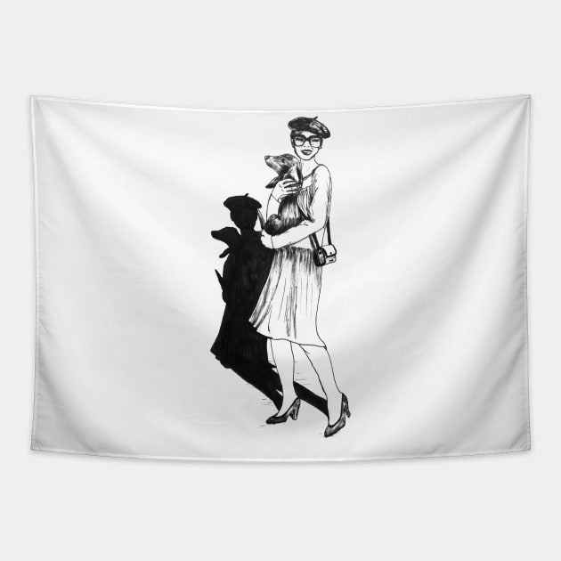 Drwaing of a woman with dog Tapestry by Arpi Design Studio