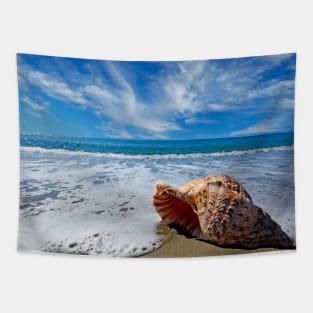 Beach with conch shell under blue sky Tapestry