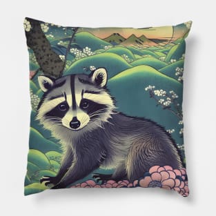 Funny Cute Raccoon with Big Eyes in the Nature Jungle Forest Pillow