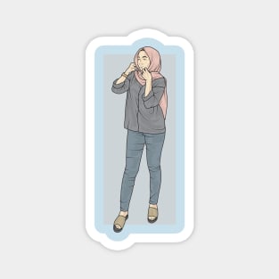 Woman In Grey Shirt And Jeans Magnet