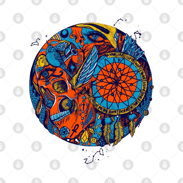 Orange Blue Skull and Dreamcatcher Circle by kenallouis