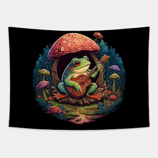 Cottagecore aesthetic cute frog playing ukelele on Mushroom Tapestry