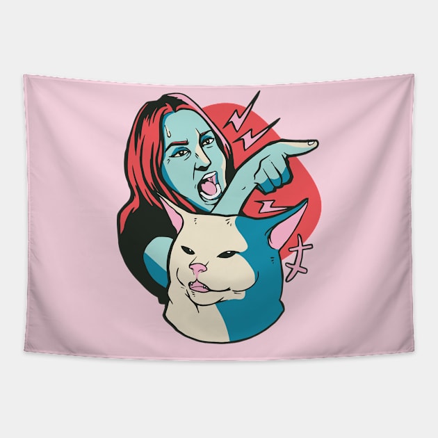 Funny Woman Yelling at Cat Meme Illustration Tapestry by SLAG_Creative