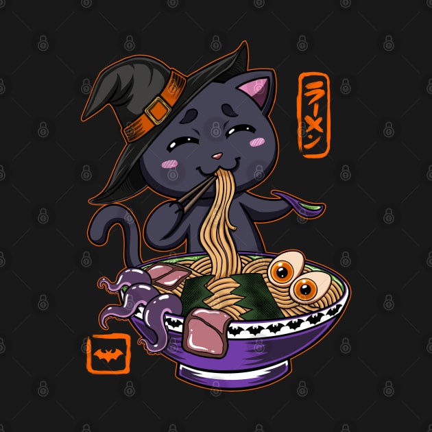 Halloween Kawaii chibi Ramen Magical Witch Black cat monster design by JustJoshDesigns