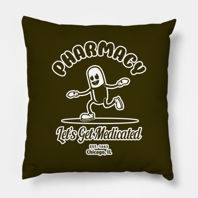 Let's Get Medicated Pharmacy Humor withe Vintage Cartoon Capsule Pillow by RxBlockhead