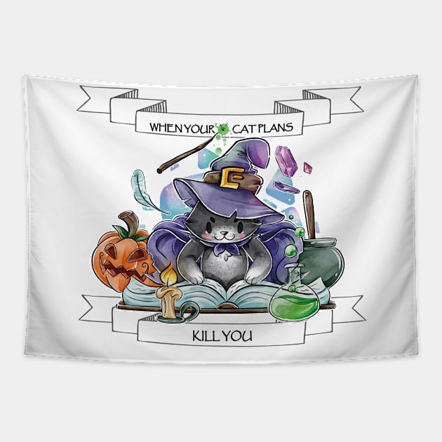 Helloween Cat witch Tapestry by Ambrosius