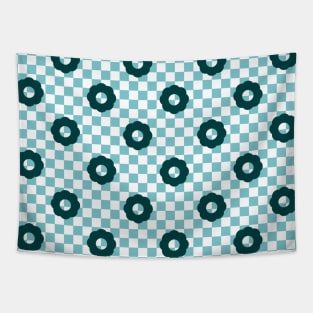 Checkers and Daisies (aqua-teal) Tapestry