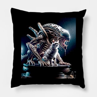 Intergalactic Cat Companion - Sci-Fi Alien & Feline Alliance Pillow