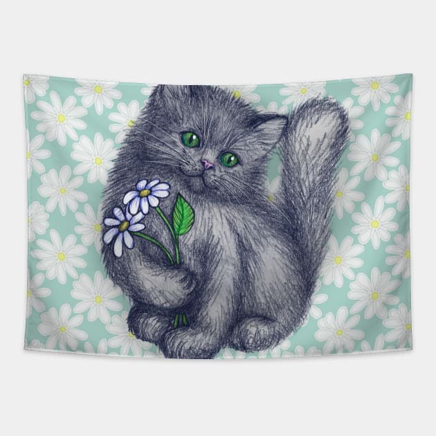 Cute Kitten with Daisies Tapestry by micklyn