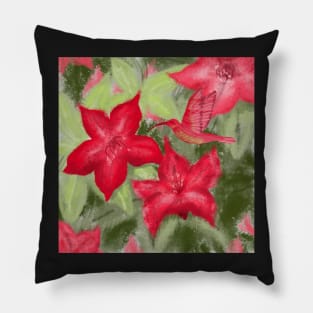 Red flowers and hummingbird print Pillow