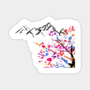 Mountains And Multi Coloured Sakura Cherry Blossom Magnet