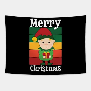 Merry Christmas Adorable Elf in Red Green Rainbow Tapestry