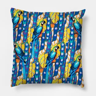 BLUE MACAWS ,YELLOW LEAVES,TROPICAL PLANTS FLORAL PATTERN Pillow