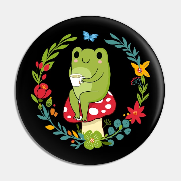 Frog Drinking Tea Mushroom Cute Cottagecore Aesthetic Frog Pin by Tee-Riss