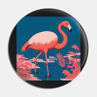 Flamingo in a Lake in bold Pink and Blue Pin