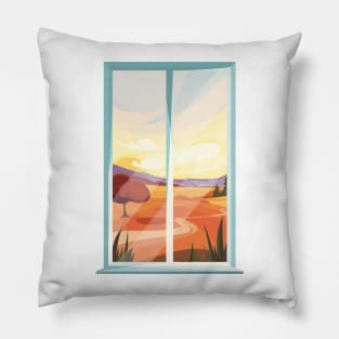 Nostalgic view through fall landscape window Pillow