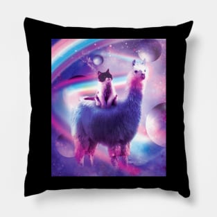 Kitty Cat Riding On Rainbow Llama In Space Pillow