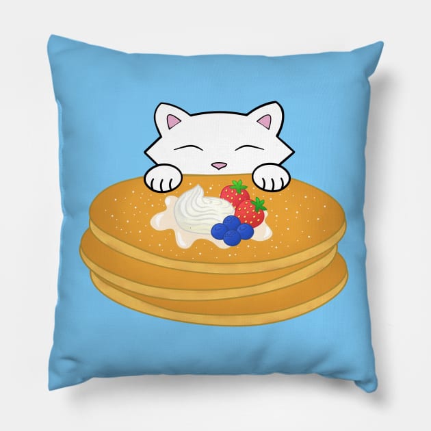 Cat eating pancakes with cream Pillow by Purrfect