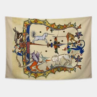 WEIRD MEDIEVAL BESTIARY ,UNICORN FIGHTING MONKEY ,DRAGON AND LION Tapestry