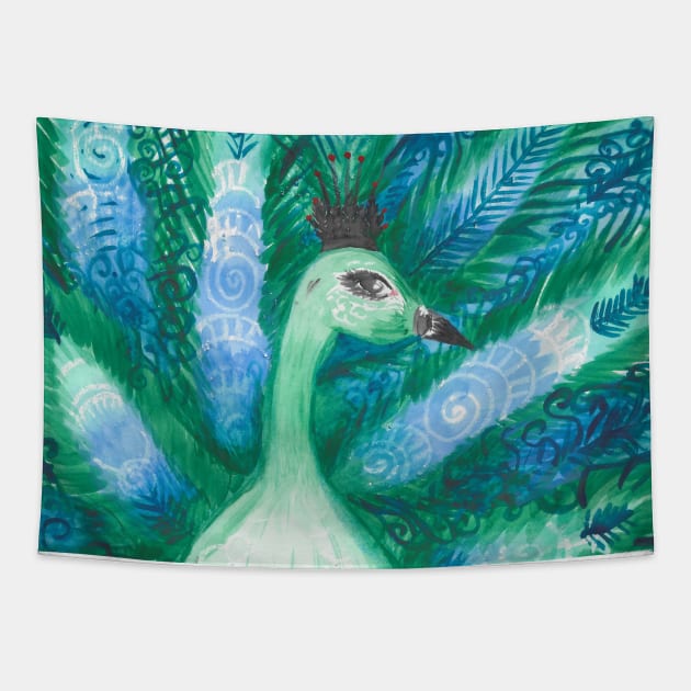 Green and Blue Swirls Watercolor Peacock Animal Portrait (Pattern) Tapestry by Penny Passiflora Studio