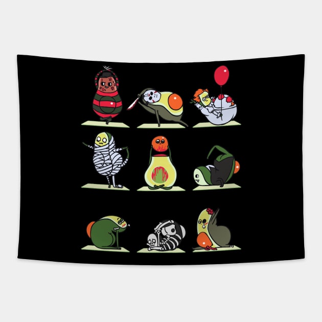 Avocado Yoga Halloween Monsters Tapestry by huebucket