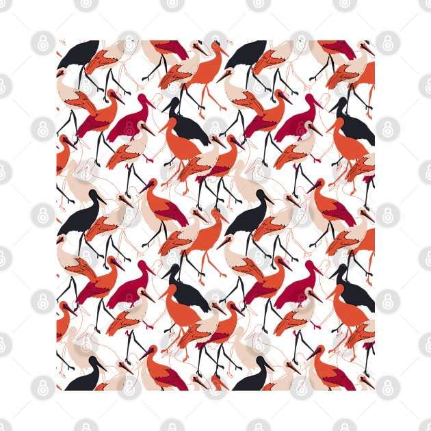 Red and White Stork Birds Seamless Pattern by FlinArt