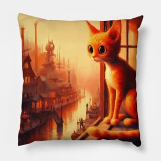 Ginger Cat in Steampunk City Painting Pillow