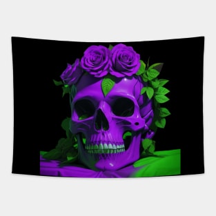 Gothic Elegance Meets Urban Flair: Green and Violet Skull Aesthetic with Roses Tapestry