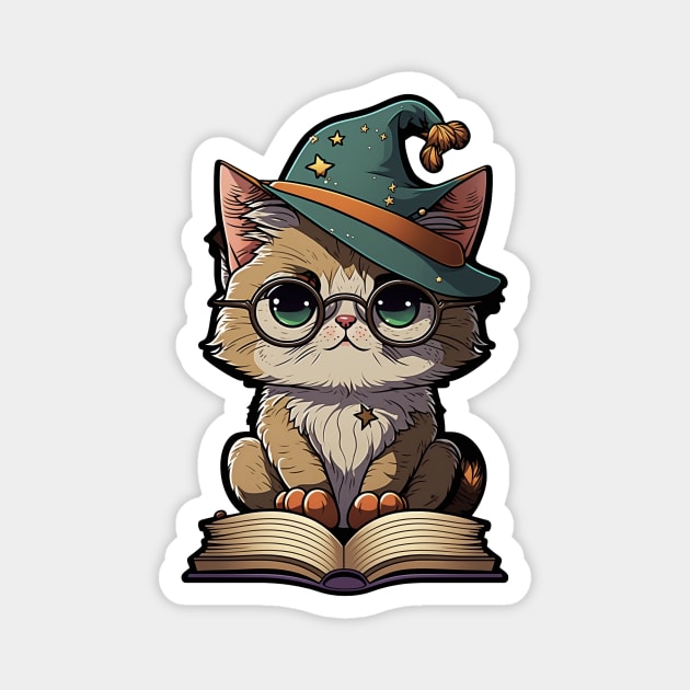 Magical Cat with a Spellbook - Adorable Magic Cat Cartoon Magnet by SergioCoelho_Arts