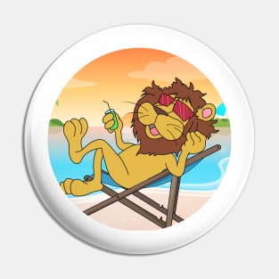 Lion Chilling At Beach With Sunset Comic Style Pin