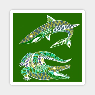 green shark and alligator in the swamp ecopop Magnet