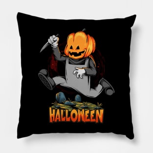 halloween pumpkin head zombie running grave with kitchen knife Pillow